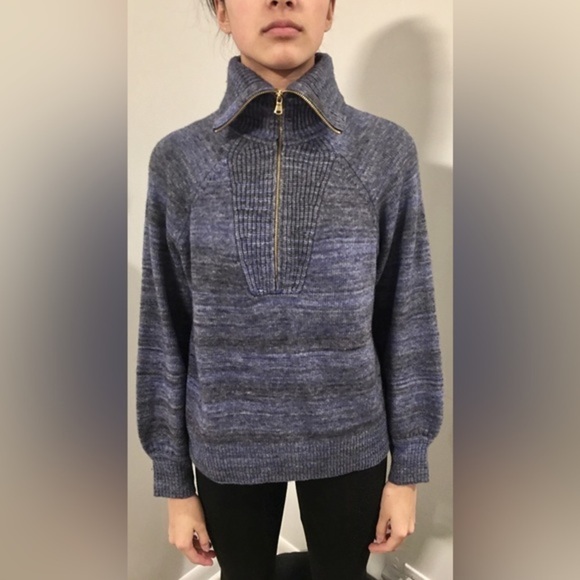 Lot of 2 J CREW Sweaters Blue Zip Turtleneck, Gray Striped Elbow Patches Medium - Picture 4 of 15